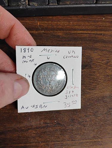 1890 mexico mo mint struck through grease on obv. & rev.  1-centavo au-55, bn
