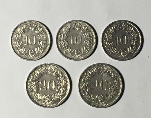 Lot 5 Coin Switzerland 10 20 Rappen 1973 1974 1975