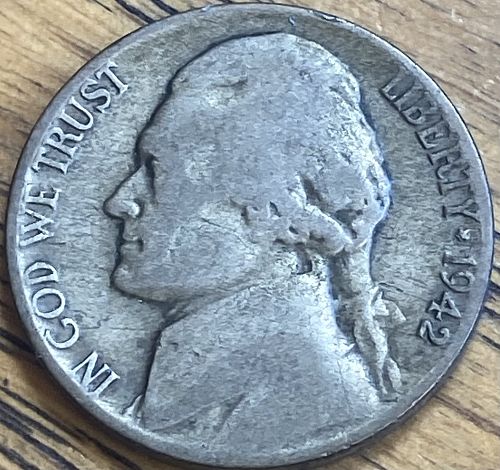 1942P silver Jefferson war nickel in VERY GOOD  condition