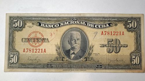 1950 Cuba 50 Pesos Note,  Billete De Cincuenta Pesos Reference P#81 Serial# A781221A