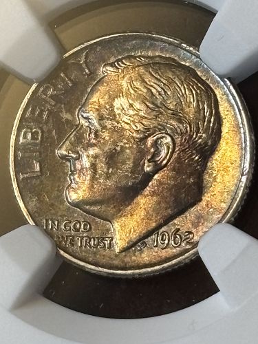 1962  ROOSEVELT 90% SILVER DIME  -  NGC MS 65 FT -  FULL TORCH REVERSE  ---   TONED