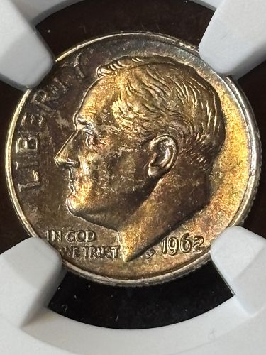 1962  ROOSEVELT 90% SILVER DIME  -  NGC MS 65 FT -  FULL TORCH REVERSE  ---   TONED