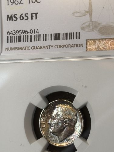 1962  ROOSEVELT 90% SILVER DIME  -  NGC MS 65 FT -  FULL TORCH REVERSE  ---   TONED