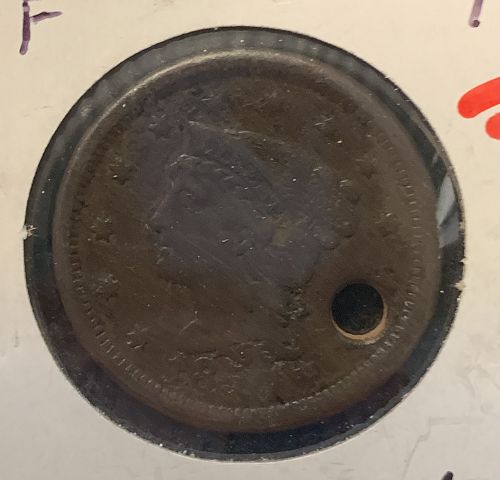 1850 P BRAIDED HAIR LIBERTY HEAD LARGE CENT F COND DRILLED HOLE   BIN 25.00