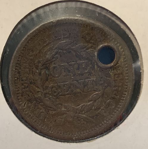1850 P BRAIDED HAIR LIBERTY HEAD LARGE CENT F COND DRILLED HOLE   BIN 25.00