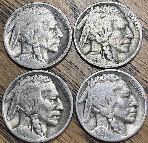 4 early buffalo nickels in VERY GOOD-FINE condition &lsquo;18, &lsquo;19, &lsquo;21 & &lsquo;26