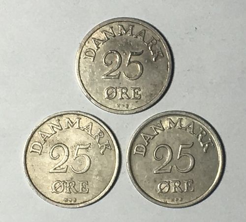 Lot 3 Coin Denmark 25 Ore 1949 1953 1955