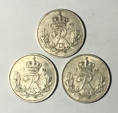 Lot 3 Coin Denmark 25 Ore 1949 1953 1955