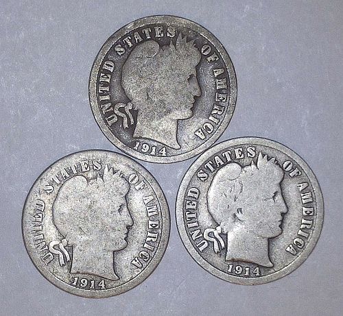 1914 P,D,S Barber Dime 3 Coin Set - 90% Silver