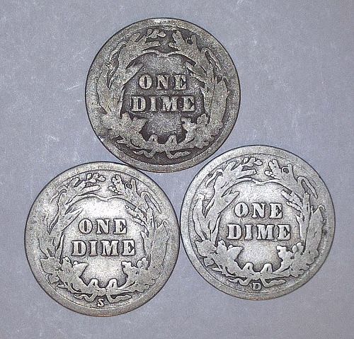 1914 P,D,S Barber Dime 3 Coin Set - 90% Silver