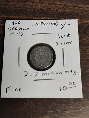 1926 NETHERLANDS 10 CENT PIECE, FINE  SEAHORSE PRIVY , SILVER , 2.7 MILLION MINTAGE