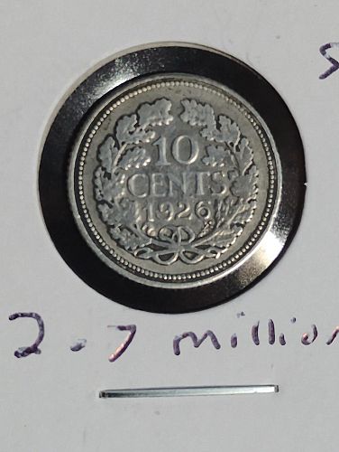 1926 NETHERLANDS 10 CENT PIECE, FINE  SEAHORSE PRIVY , SILVER , 2.7 MILLION MINTAGE