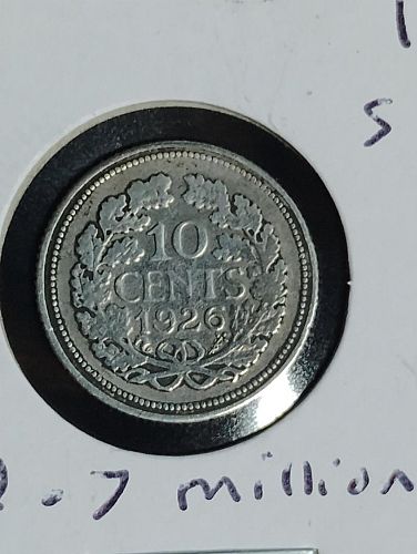 1926 NETHERLANDS 10 CENT PIECE, FINE  SEAHORSE PRIVY , SILVER , 2.7 MILLION MINTAGE