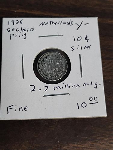 1926 NETHERLANDS 10 CENT PIECE, FINE  SEAHORSE PRIVY , SILVER , 2.7 MILLION MINTAGE