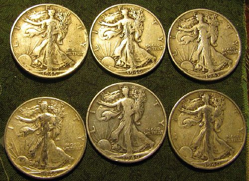 Walking Liber Half Dlrs 1943S; 2 X 1940; 2 X 1946 &1945 +4 FreeBARBERDIMES!!!!