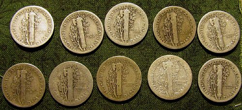 Mercury Dimes 1918D & S; 20'; 25'; plus nice 35S; 36D,37D +5 FREE More dimes!