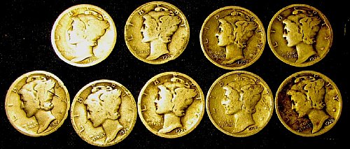1920,23,23S,24,24D,25,25D,26, 26D Silver Mercury Dimes tot. 9;  A-04