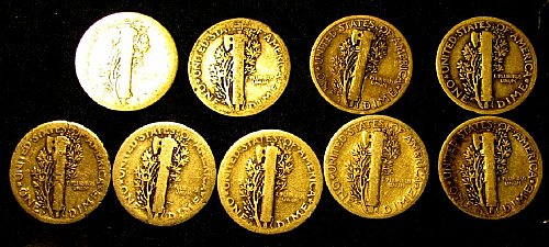 1920,23,23S,24,24D,25,25D,26, 26D Silver Mercury Dimes tot. 9;  A-04