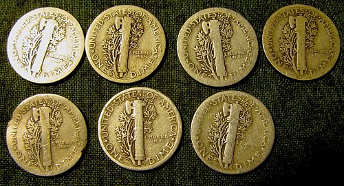 1917, 17 S, 2 X 23 P's, 24 P, 2 X29 P's Merc Dimes-+ 2 FREE DIMEs A-50
