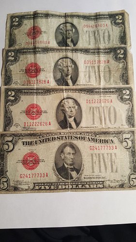 Lot of 1928 Red Seal $2 and $5 Bills