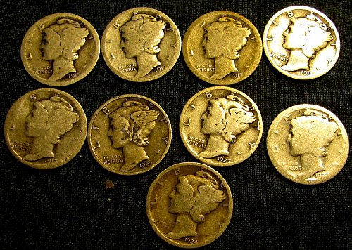 9 Mercury SILVER Dimes 4 x 1917's, 1918, 1923, 1924, 2 x 1927's