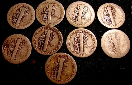 9 Mercury SILVER Dimes 4 x 1917's, 1918, 1923, 1924, 2 x 1927's