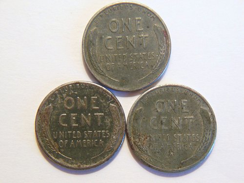 Set of 3 1943-S WWll Steel Lincoln Wheat Cents