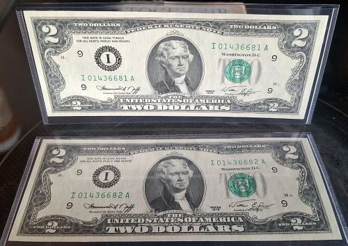 9 Consecutive Serial Numbers 1976 2 Dollar Notes Uncirculated Minneapolis Key  Note