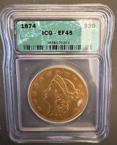 1874 Liberty Head $20 Gold Coin