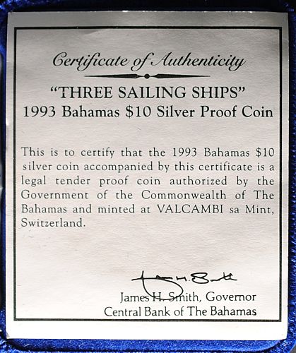 1993 Bahamas 10 Dollars Silver Proof 4.0469 Tr. Oz. ASW