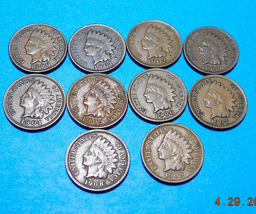 Lot of (10) Different Indian Head Cents, 1900's