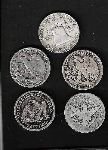 FIVE 90% SILVER HALF DOLLARS ALL DIFFERENT