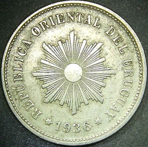 1936 A Uruguay 5 Centesimos Radiant Sun Copper-Nickel Coin KM# 21 Choice XF
