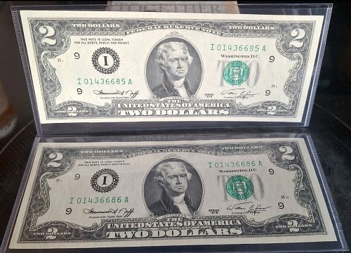 9 Consecutive Serial Numbers 1976 2 Dollar Notes Uncirculated Minneapolis Key  Note