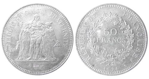 FRANCE, 1974. Silver 50 Francs, Choice UNC. Lightly toned. Lustrous