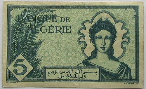 Algeria- 1943 5 Francs - F+ Condition - World Paper Money