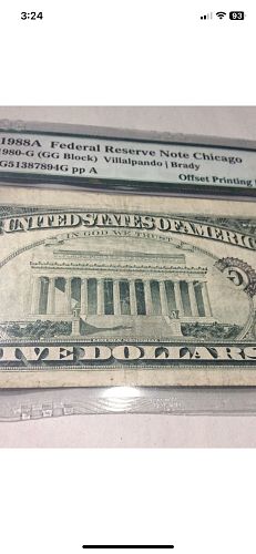 Major Error Serial Number & Reserve Seal On Back Of Note- PMG 1988 $5 Offset Printing
