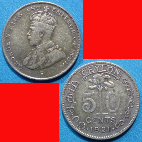 Ceylon Sri Lanka 50 Cents 1921 B KM# 109a Silver