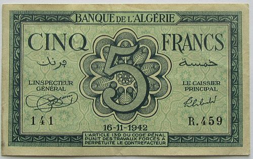 Algeria- 1943 5 Francs - F+ Condition - World Paper Money