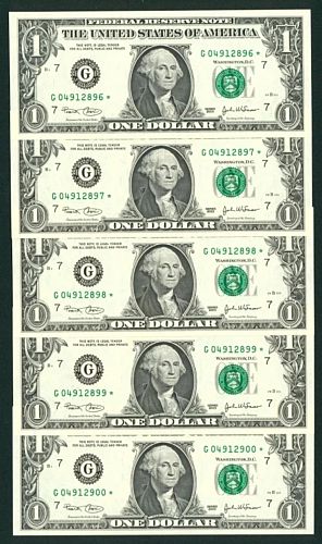 5 Consecutive Choice Uncirculated 2003 One Dollar Star Notes Chicago
