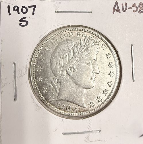 1907-S Barber Half Dollar, AU+. (18220)