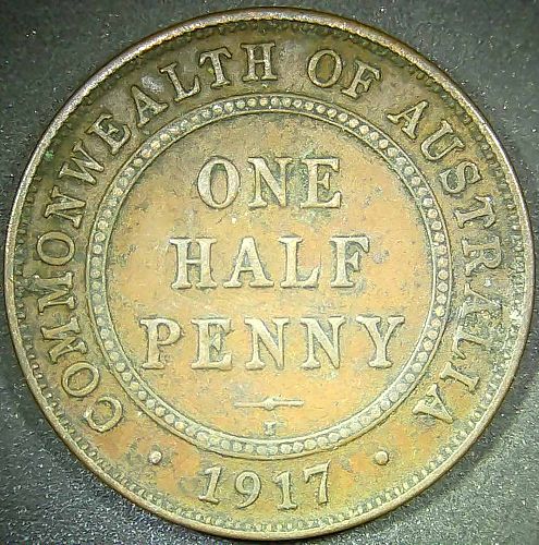 1917 Australia One Half Penny Coin - King George V - Calcutta Mint I - KM# 22