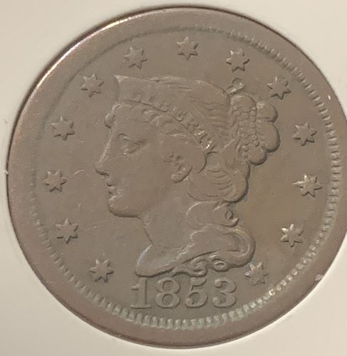 1853 LARGE CENT VF20 COND BIN 30.00