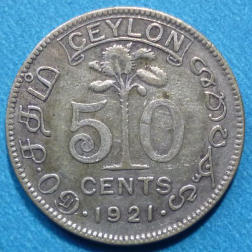 Ceylon Sri Lanka 50 Cents 1921 B KM# 109a Silver