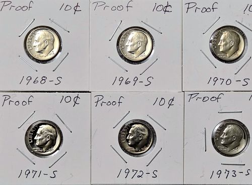 1968-1973 (S) Proof Roosevelt Dimes, 6 Ten-Cents Uncirculad US Coins, Consecutive 10c