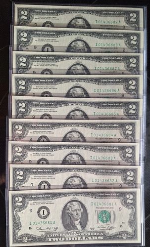 9 Consecutive Serial Numbers 1976 2 Dollar Notes Uncirculated Minneapolis Key  Note