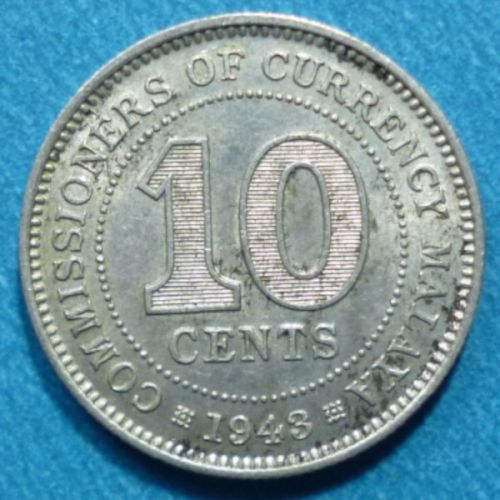 Malaya 10 Cents 1943 KM# 4a Silver