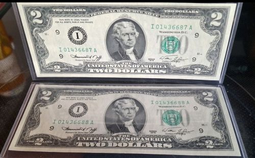 9 Consecutive Serial Numbers 1976 2 Dollar Notes Uncirculated Minneapolis Key  Note