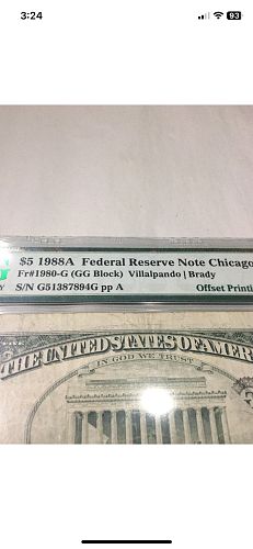 Major Error Serial Number & Reserve Seal On Back Of Note- PMG 1988 $5 Offset Printing