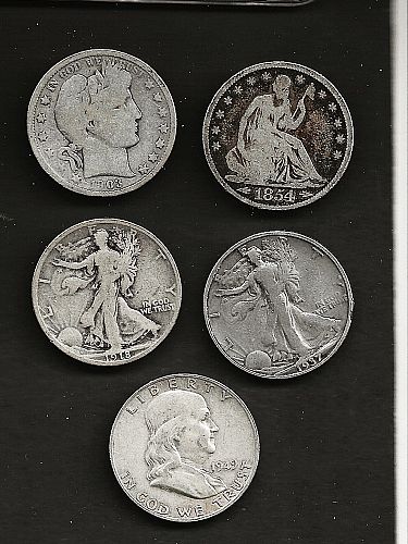 FIVE 90% SILVER HALF DOLLARS ALL DIFFERENT